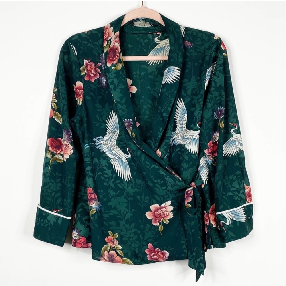 ZARA Crane Wrap Top Kimono Blouse Green 3/4 Sleeve extra small new